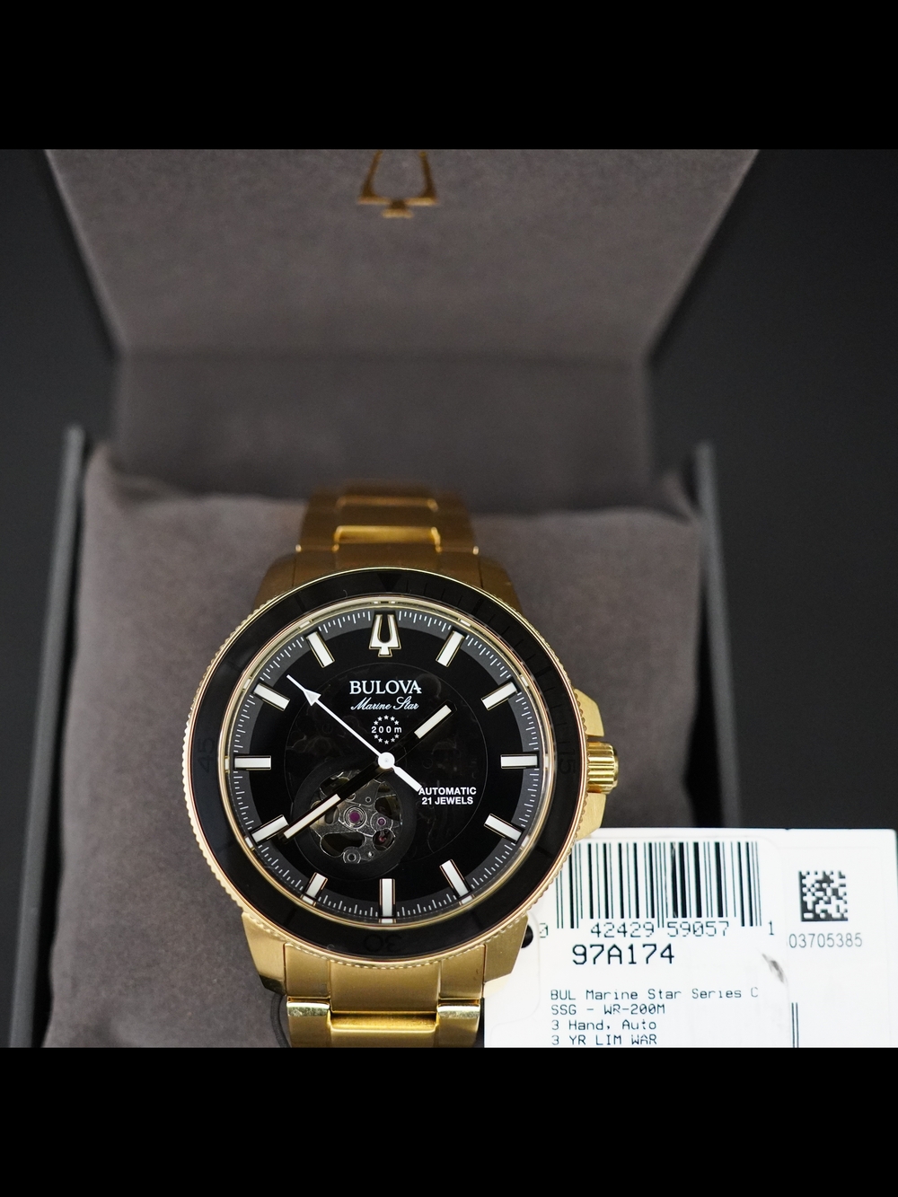 Bulova Marine Star Automatic Black Dial 200M Gold Tone Men's Watch 97A174